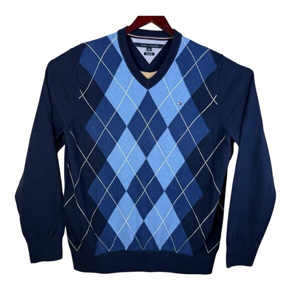 Tommy Hilfiger Men's Sweater Size XXL Navy Blue Argyle Pullover Preppy EUC - Picture 1 of 15